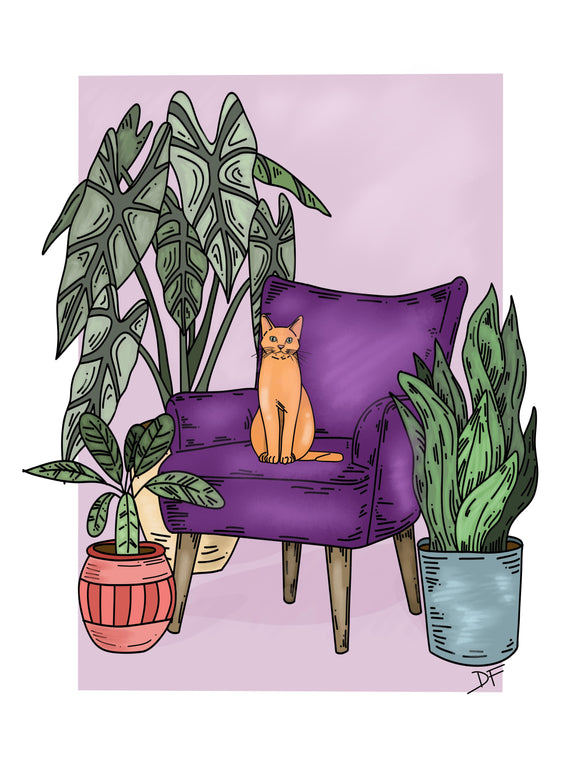 Cat in Purple Chair Print