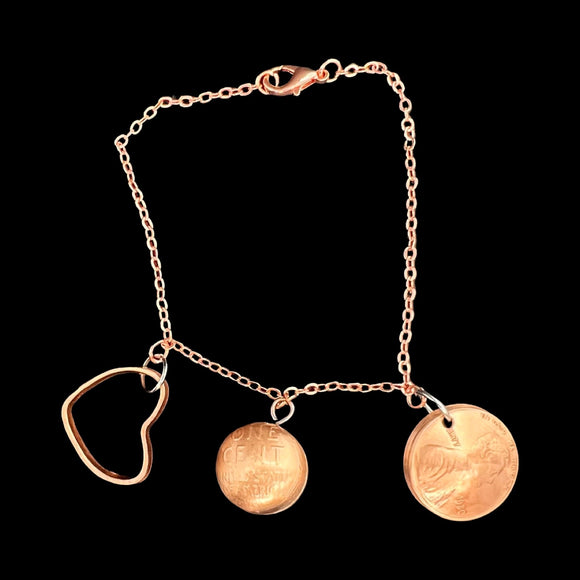Ball, Heart, and Domed Penny Charm Bracelet