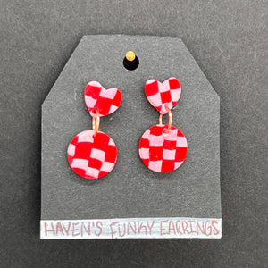 Pink and Red Checkered Heart Earrings