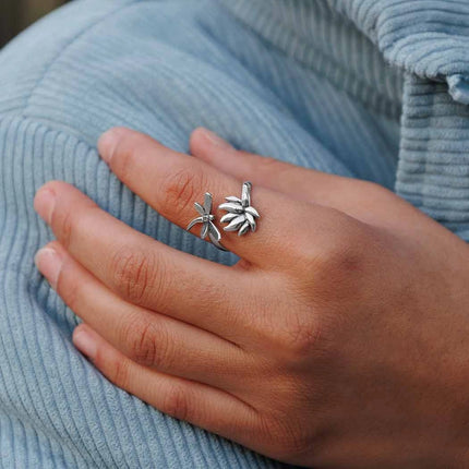 Adjustable Dragonfly and Lotus Flower Ring