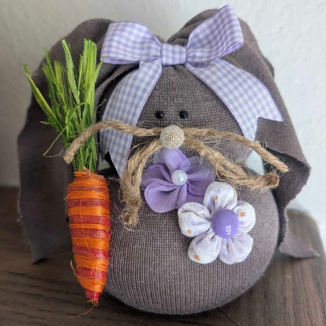 Brown Sweater Bunny with Purple Bows & Flowers