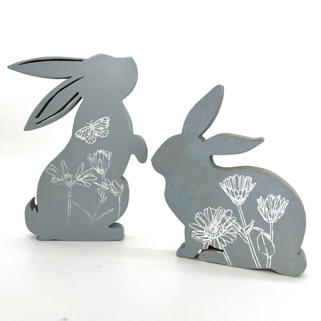 Wooden Bunny pair in Gray w/flowers