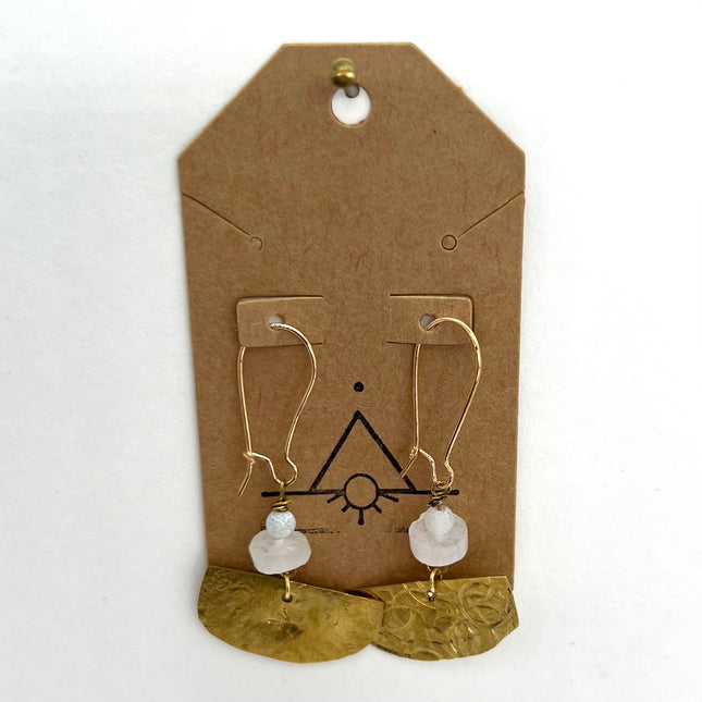 Rose Quartz & Agate Textured Brass Earrings