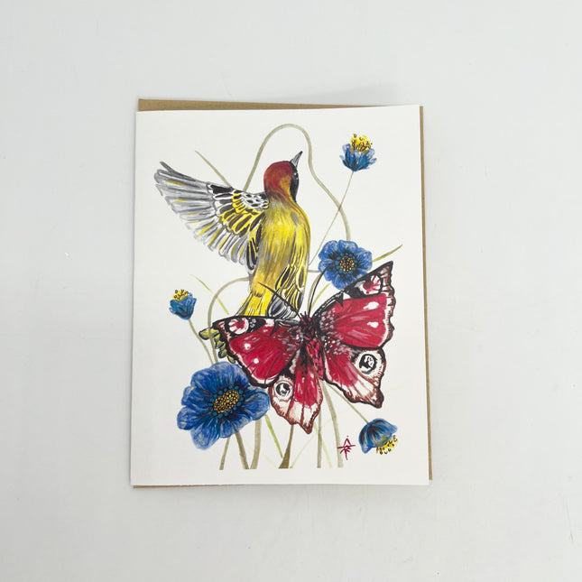 Bird, Butterfly, & Blue Flower