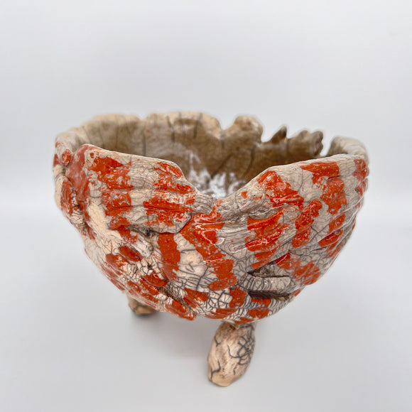 Raku Bird in the Hand Bowl Terracotta Stripes