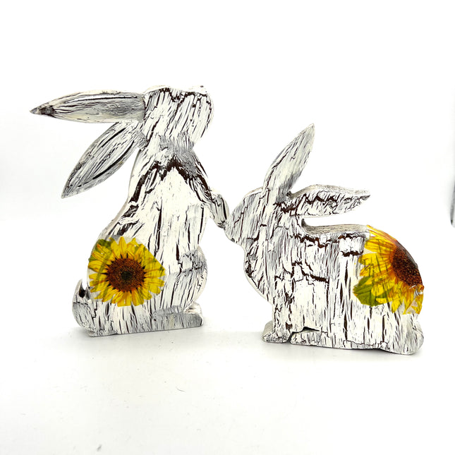Wooden Bunny pair in White crackle w/ sunflowers