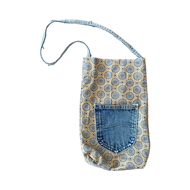 Tan/Blue Patterned Denim Tote Bag