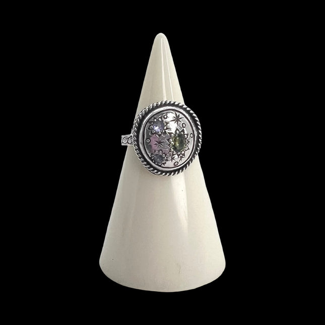 Tanzanite & Sapphire Engraved Ring