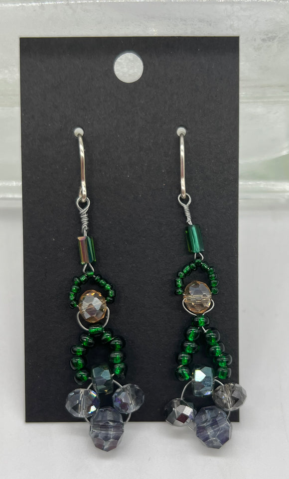 Silver Woven Drop Earrings in Emerald and Smokey Gems